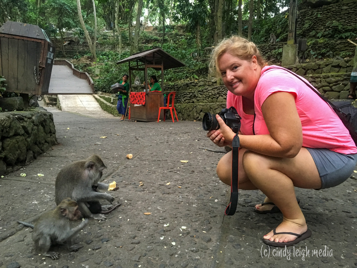 cindy with macaques at the Ubub Monkey Sanctuary and Temple